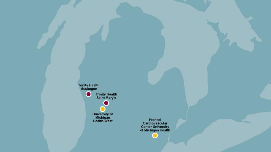 Outline of map of Michigan and the Great Lakes showing locations of Cardiovascular Network of West Michigan partners