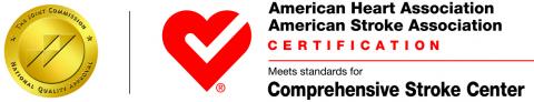 Joint Commission seal and American Heart Association certification for Comprehensive Stroke Center